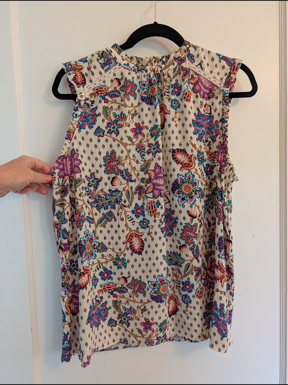 LOFT Ivory Floral Print Sleeveless Top with Teal and Pink Accents